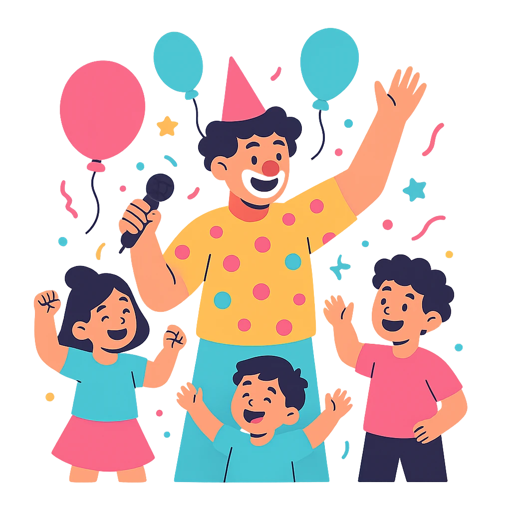 Аниматор забавлява деца с игри и танци на рожден ден