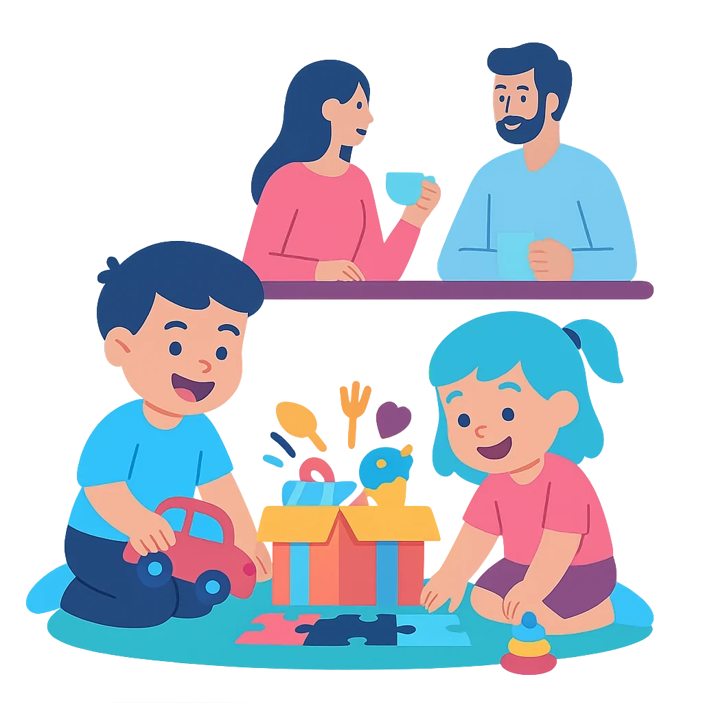 Деца играят свободно в детски клуб с играчки и зона за родители